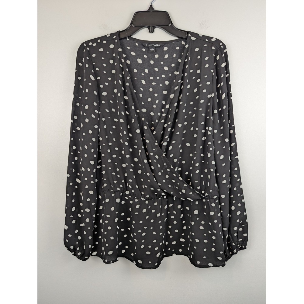 41 Hawthorn‎ Women's Blouse Size L Black White V Neck Long Sleeve  Career Wrap